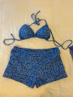 Blue Floral Bikini Top and Swim Shorts BONUS Cover-up top